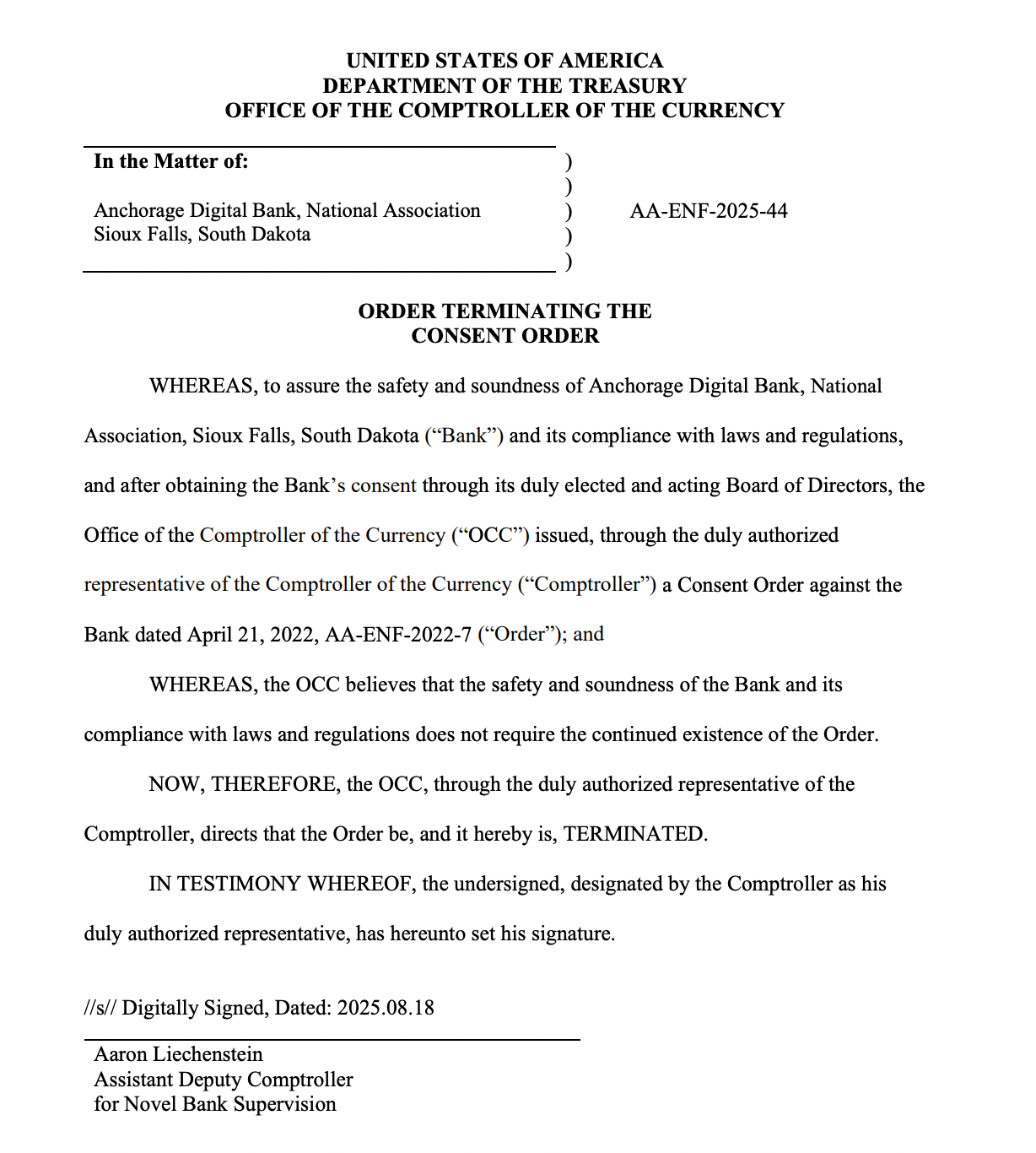 Screenshot 2025 08 22 at 13.23.32 OCC Lifts Consent Order on Anchorage Digital and Crypto Industry Celebrates Order Terminating the Consent Order