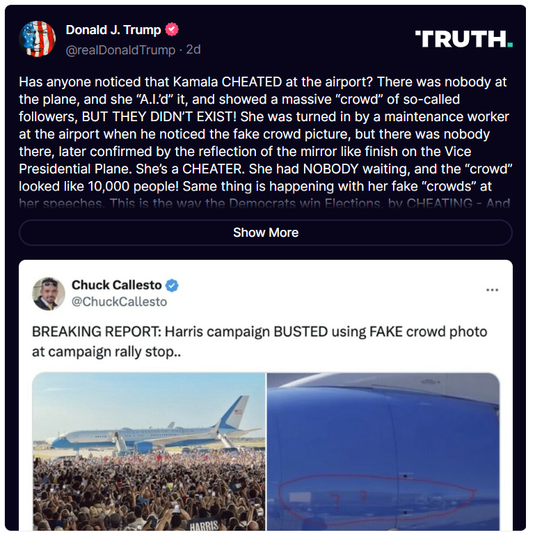 Truth social Trump Accuses Harris of Using AI to Inflate Rally Crowds Truth social Trump Accuses Harris of Using AI to Inflate Rally Crowds