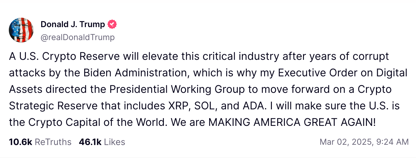 trump truth social Trump's US Crypto Reserve: A Wise Decision or Political Play? trump truth social Trump's US Crypto Reserve: A Wise Decision or Political Play?