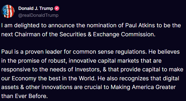 truth social screen Trump Nominates Paul Atkins as New SEC Chairman—What We Know About the Guy So Far